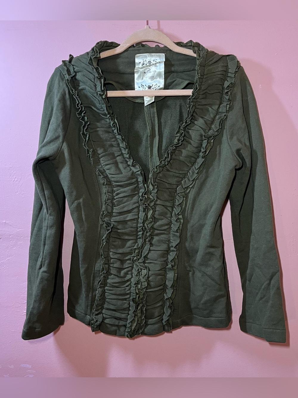 NICK AND MO Anthropologie Zip Sweater Jacket Ruffled Cotton Olive Green Medium